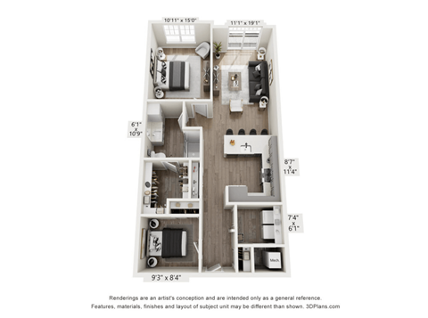 A 3D floor plan of a small apartment with a kitchen, living room, and two bedrooms.